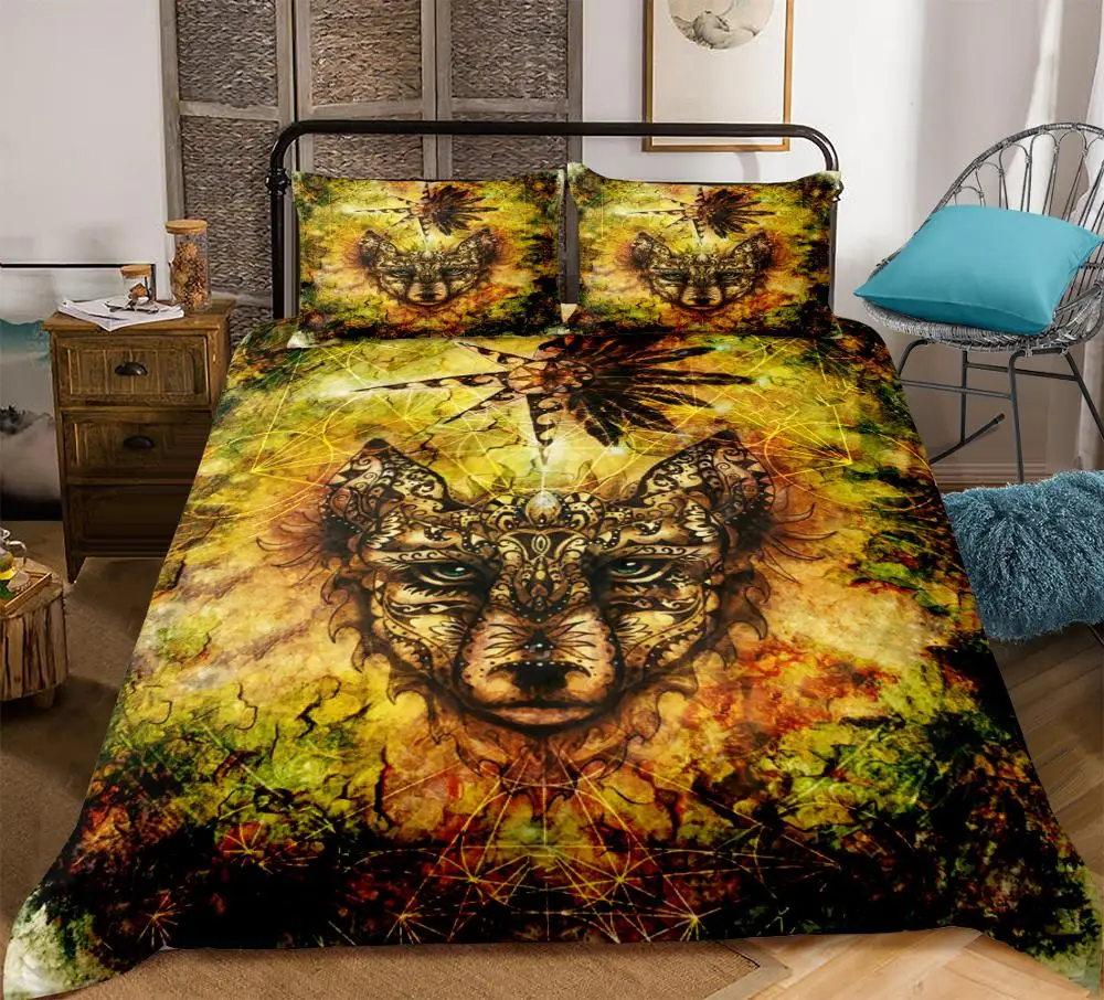

3pcs Retro Wolf Bedding set Duvet cover set Teen Boho Animals Totems Bedclothes King size Dropship Home textiles