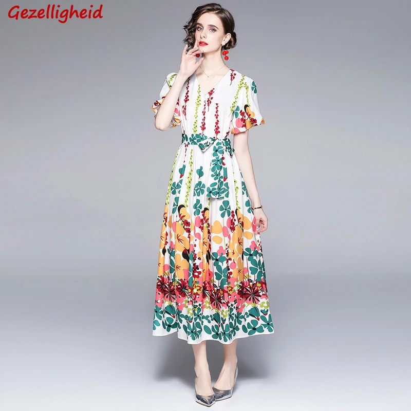 

Gezelligheid Dresses For Women 2021 Summer Runway New Fashion Elegant Slim V-Neck Printed Puff Sleeve Bow Beach Boho Midi Dress