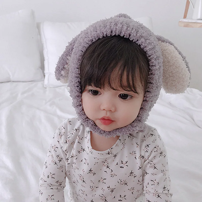 kids Winter Hats Cap for Kids Boys Girls Cute Rabbit Ears Earflaps Russian Hat Warm Bomber Hats for Girl Boy Cotton Snow Cap - Color: grey