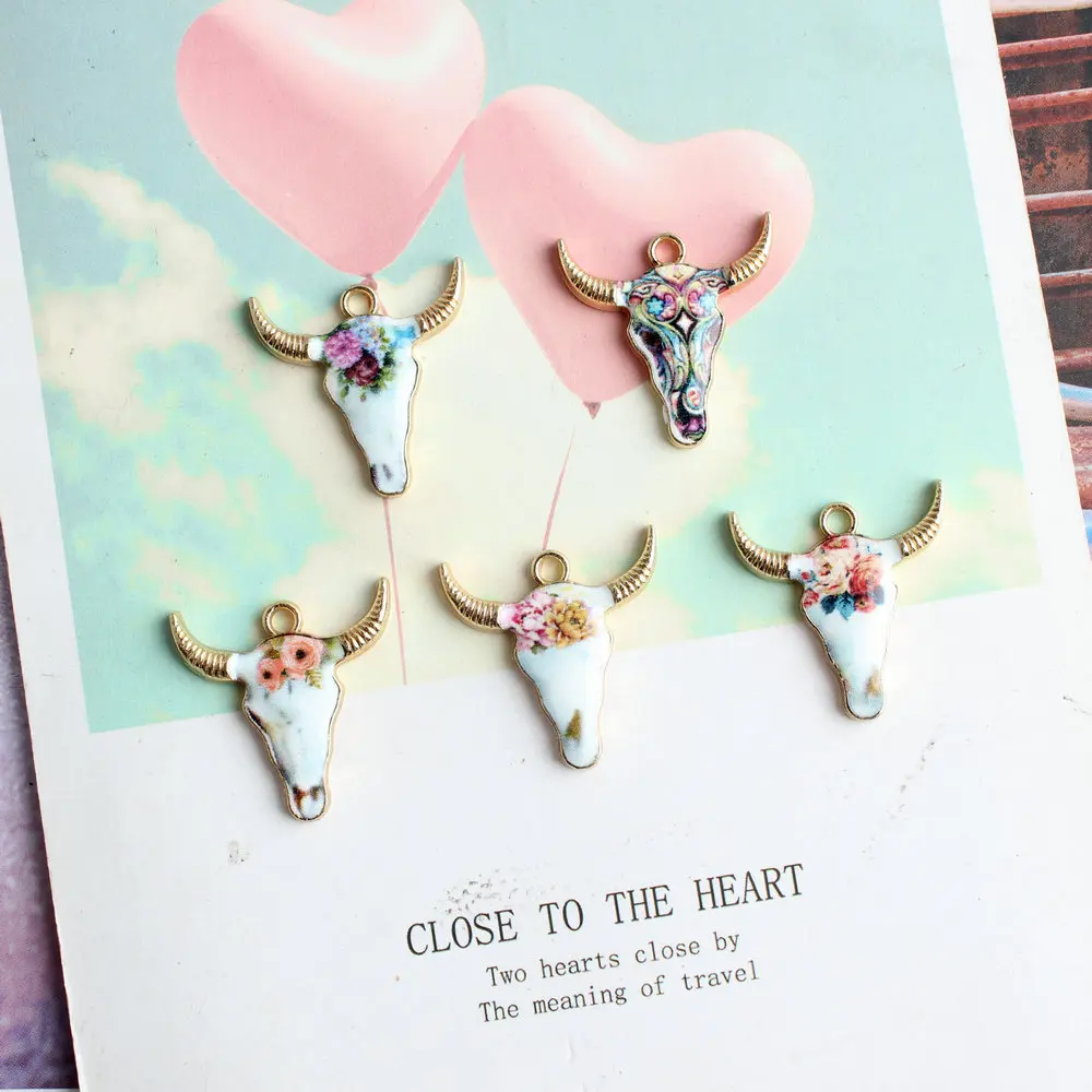 

10Pcs/Lot 21x22mm Enamel Cow Head Charm for Jewelry Making Cute Earring Pendant Bracelet Necklace Charms Diy Design Charms