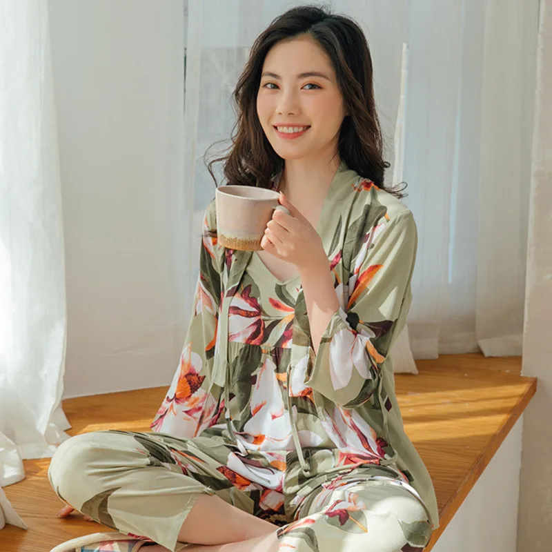 

3Pcs Pajama Sets Women Viscose Sexy Kimono Sleep Suits Shirt+Strap+Pants Spring Summer Pajamas for Women Outwear Homewear Nighty