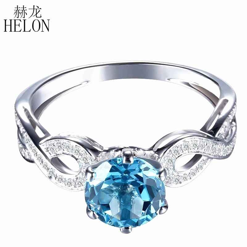 

HELON Solid 10K White Gold Certified Round 7mm Natural Blue Topaz Diamonds Engagement Wedding Ring For Women Trendy Fine Jewelry
