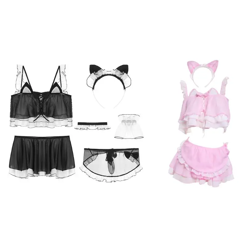Женский комплект нижнего белья для косплея с милыми кошачьими ушками шифоновый