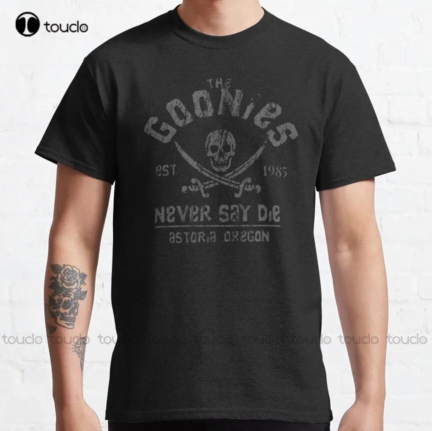 

The Goonies - Never Say Die - Grey On Black Skull, Crossbones Classic T-Shirt Mens Shirts Casual Custom Aldult Teen Unisex