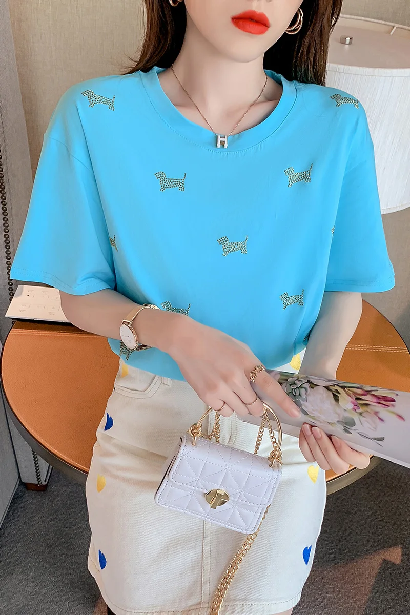 

Houthion Cotton Regular Women's T-shirt 2021 New Casual Tshirt Fashion Short Sleeve Diamond Print O-neck T Shirt Summer