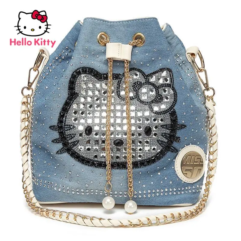

Сумка-мессенджер Hello Kitty на одно плечо, простой милый мультяшный мессенджер с цепочкой, модная дамская Джинсовая сумочка со стразами