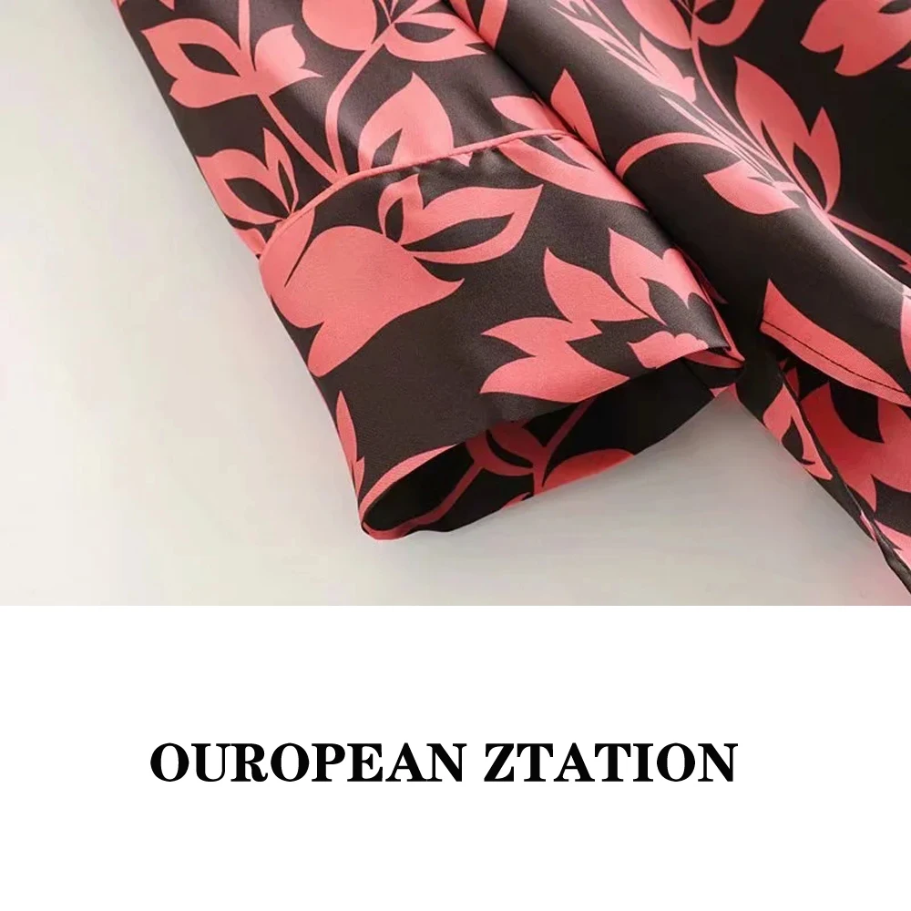 

Za 2021 Spring women lapel pajamas Shirt Asymmetric Hem Blouses Single breasted top Female Casual Long Sleeve Printed Blusas