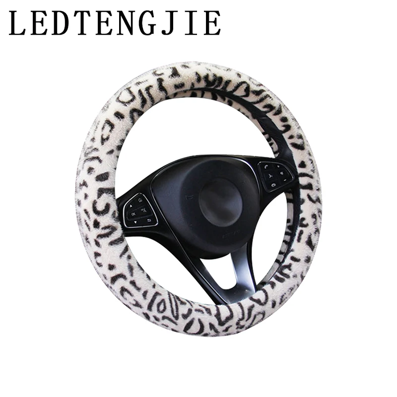

LEDTENG 37-38CM Printed Plush Car Steering Wheel Cover Leopard Print Rabbit Velvet Cover Universal Car Handle Cover