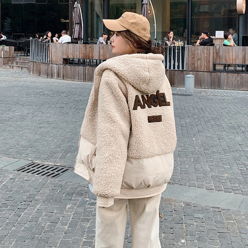 

oversized winter warm jacket women loose casual parka lambswool hooded letter printed coat femme thick outwear cazadora mujer