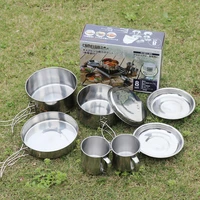 8pcsset ultra light stainless steel outdoor picnic pot pan kit outdoor camping hiking mini cookware bowl cup cover cooking set