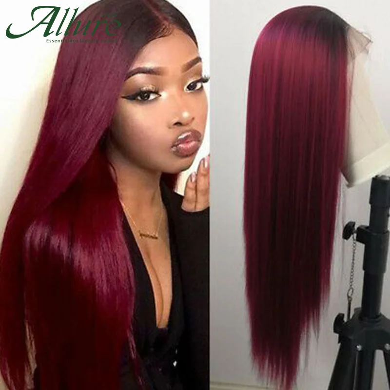 Ombre Burgundy Straight Lace Front Human Hair Wigs Black Women Colored Blonde Highlight Lace Wigs 13x5x2 Brazilian Hair Allure