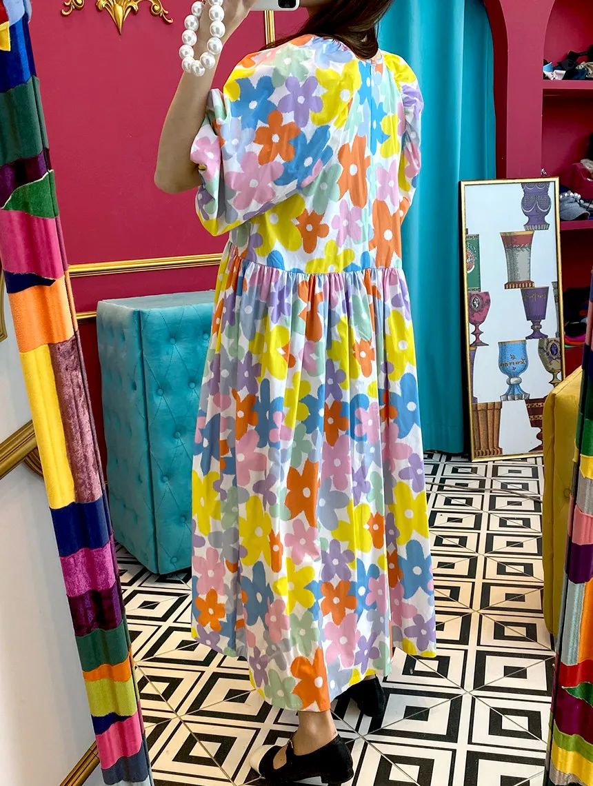 

Korean retro sweet print big flowers O neck pleated Dress loose lantern sleeves large swing dress elegant long dress women