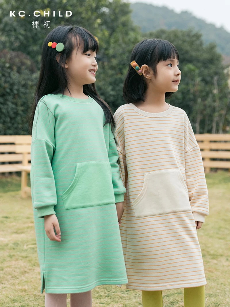 KC./детское хлопковое платье-свитер в полоску с карманом для девочек платье