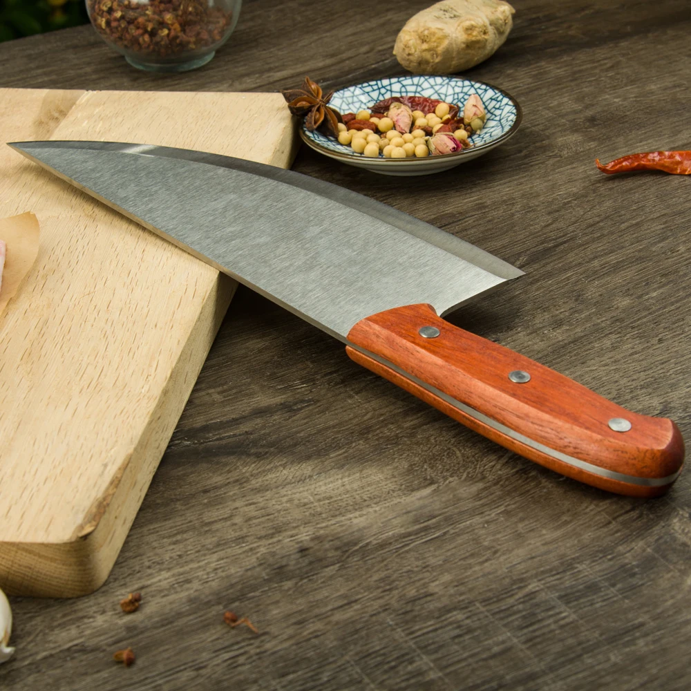 

Stainless Steel 8 Inch Chef Knife Slicing Butcher Knife Meat Cleaver Curved Wood Handle Chinese Cleaver Kitchen Cooking Knife