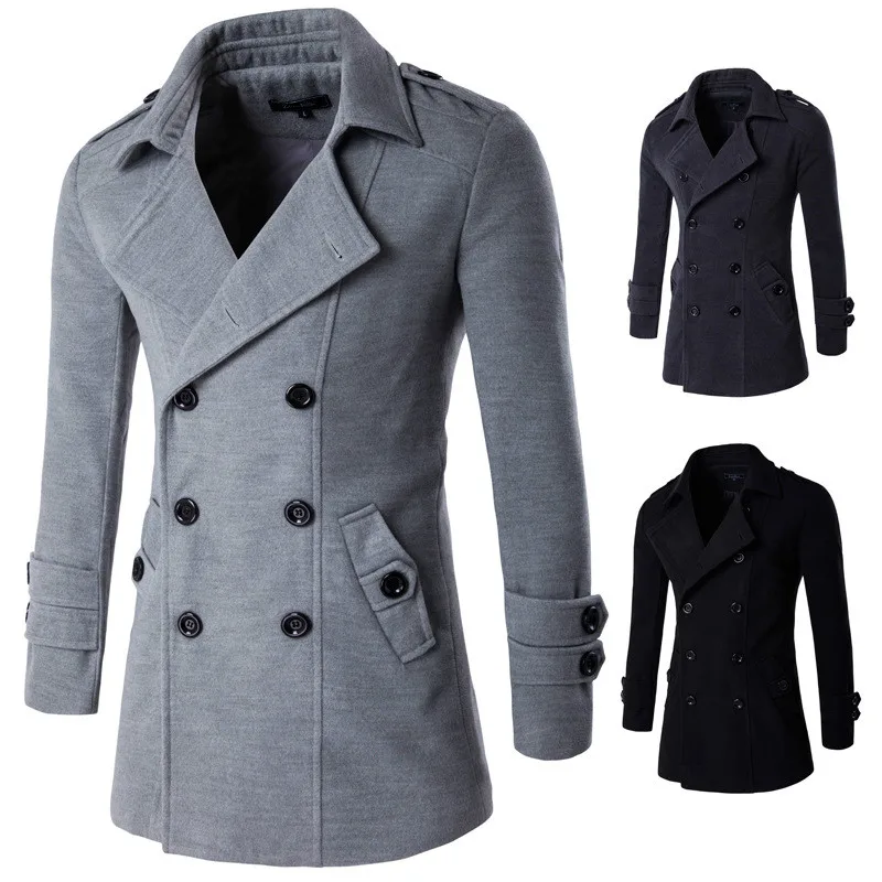 

Korean Woolen Coat Fashion Slim Long Trench Coat Mens Double Breasted Windbreaker Casual Long Sleeve Gray Overcoat Men Plus Size
