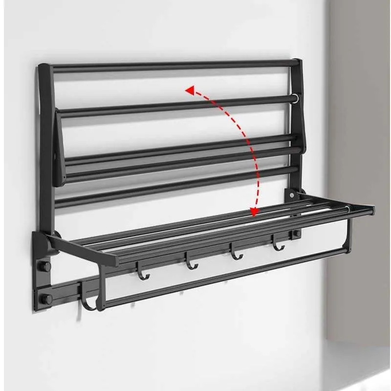

Towel Rack Punch-Free Shower Holder Bathroom Accessories Folding Wall Organizer Hook Hanger Matte Black Aluminum Storage Shelf