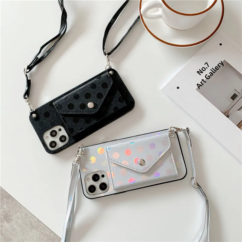 

Luxury Laser Dots Wallet Shoulder Strap Phone Case For iPhone 14 14Pro Max 13 12 Mini 11 Pro XSXR 7 8 Plus Leather Pocket Cover