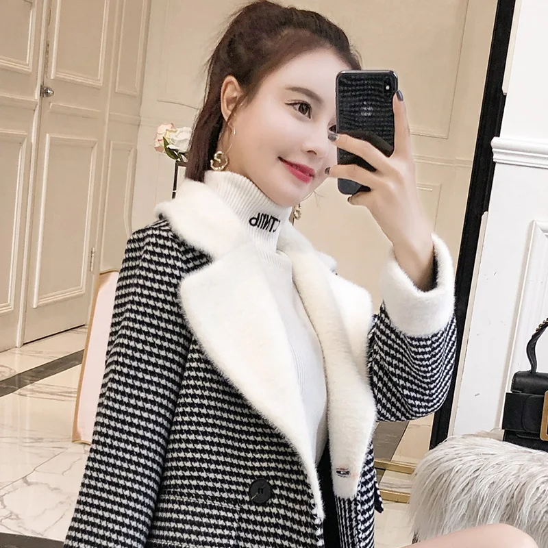 

Double-breasted Women's Houndstooth Wool Jacket Coat Fashion Korean Winter Slim Turn down collar Warm Thick Woolen Overcoat