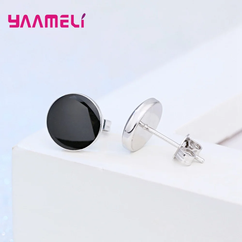 7 мм 9 Диаметр черные эмалированные серьги-гвоздики унисекс S925 Стерлинговое