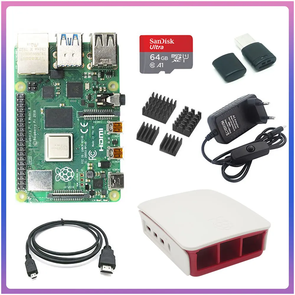 Raspberry Pi 4 модуль B 2 ГБ ОЗУ + карта памяти 64 адаптер 3 А чехол из АБС-пластика ++