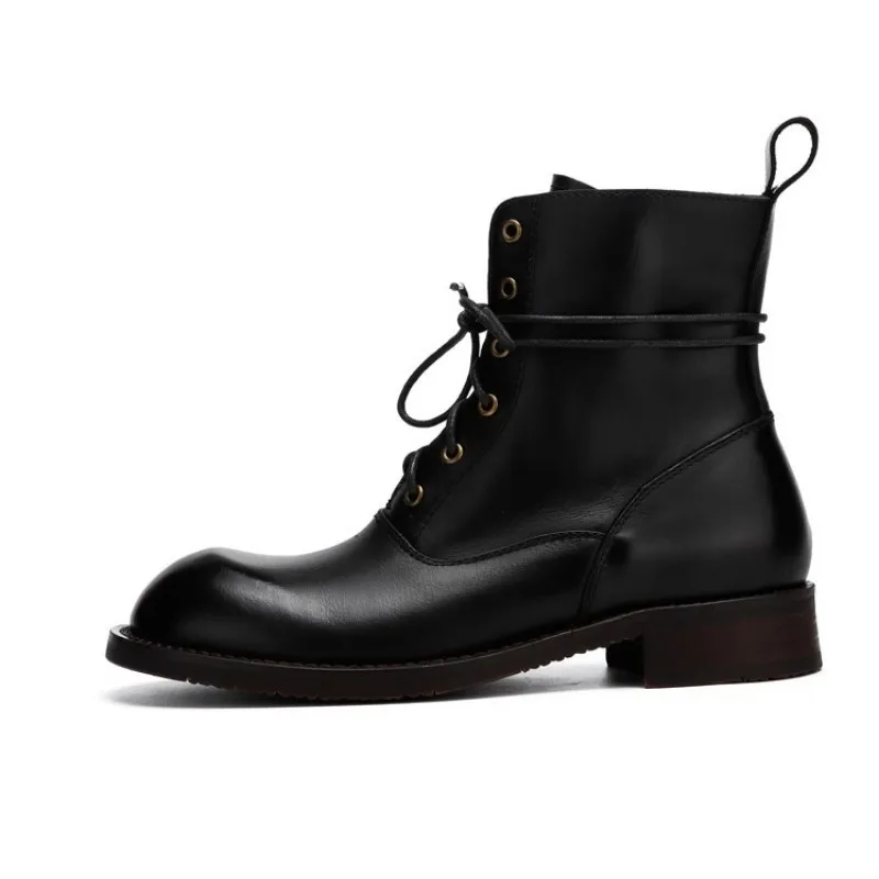 Ботинки мужские с круглым носком натуральная кожа на шнуровке мотоциклетные