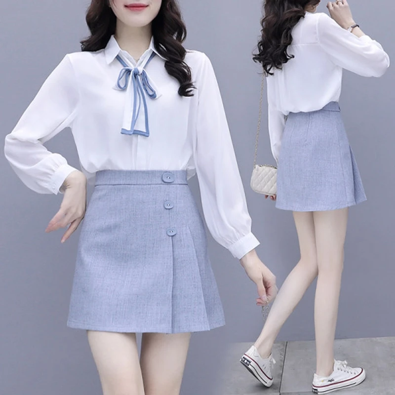 

2021 Spring Office OL Work Wear Two Piece Set Bow White Shirt + High Waist Button Pleated Mini Skirt Set