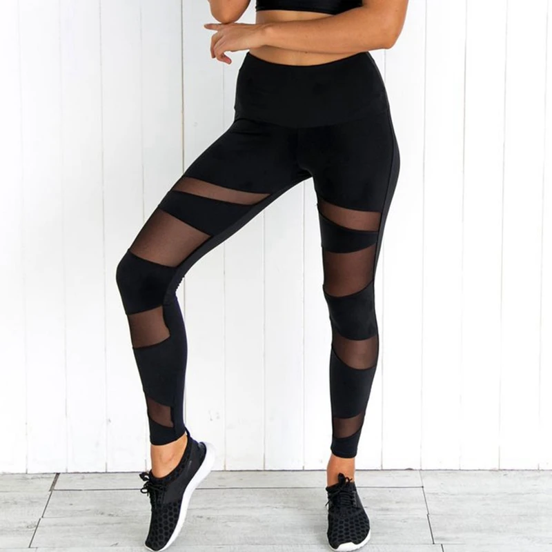 Черные Сетчатые лоскутные брюки карандаш с высокой эластичной талией леггинсы