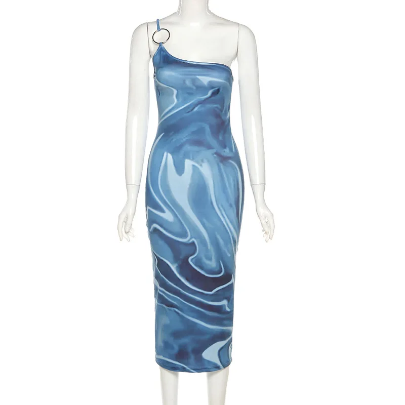 

Tie Dye Print One Shoulder Women Summer Long Dress Fashion Sexy Sleeveless Female Clothing Backless Bodycon Dresses 2021 New