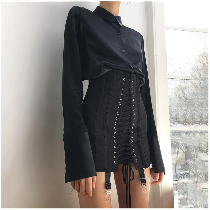 

2021 Summer Women's Personality Broken Hole Lace-up High Waist Bag Hip Skirt Sexy Design Fashion Solid Color Club Short Skirt