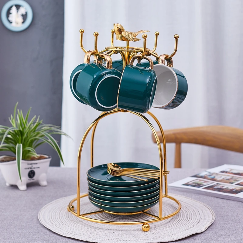 

Luxury Gold Inlay Ceramic Coffee Cup and Saucer Coffee Cup Set Holder Green Color Milk Tea Cup Latte Cappuccino Cup Drinkware