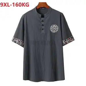 Рубашка MFERLIER мужская хлопковая с коротким рукавом, льняная сорочка в китайском стиле, повседневный винтажный домашний костюм Тан, большие размеры 9XL 160 кг, на лето