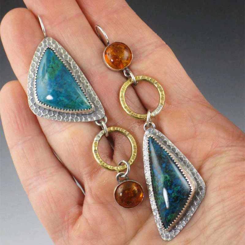 

Asymmetry Two-color Metal Circle Resin Stone Long Drop Earrings Fashion Triangle Turquoises Earrings Female Tribal Jewelry