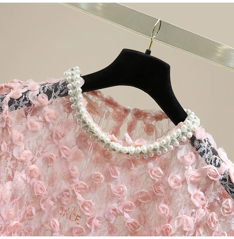 

2021 Summer Beads Diamond-Embedded Western Style Women Shirt Ins Loose Slimming Top 3D Flower Lace Fashion Ladies Blusas