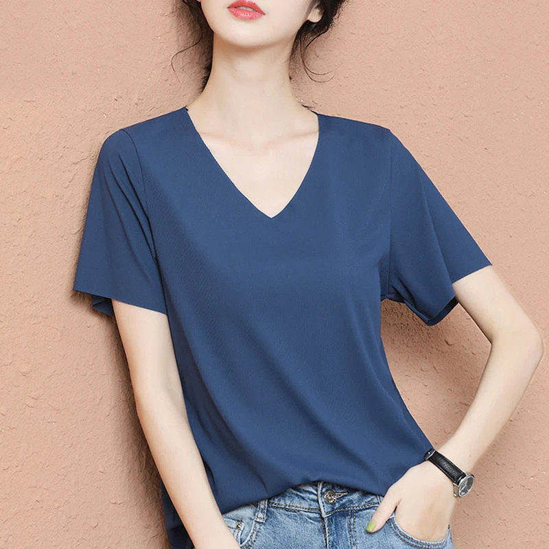

Футболка женская из вискозы с коротким рукавом, тонкий топ с V-образным вырезом, Повседневная Свободная рубашка в Корейском стиле, однотонна...