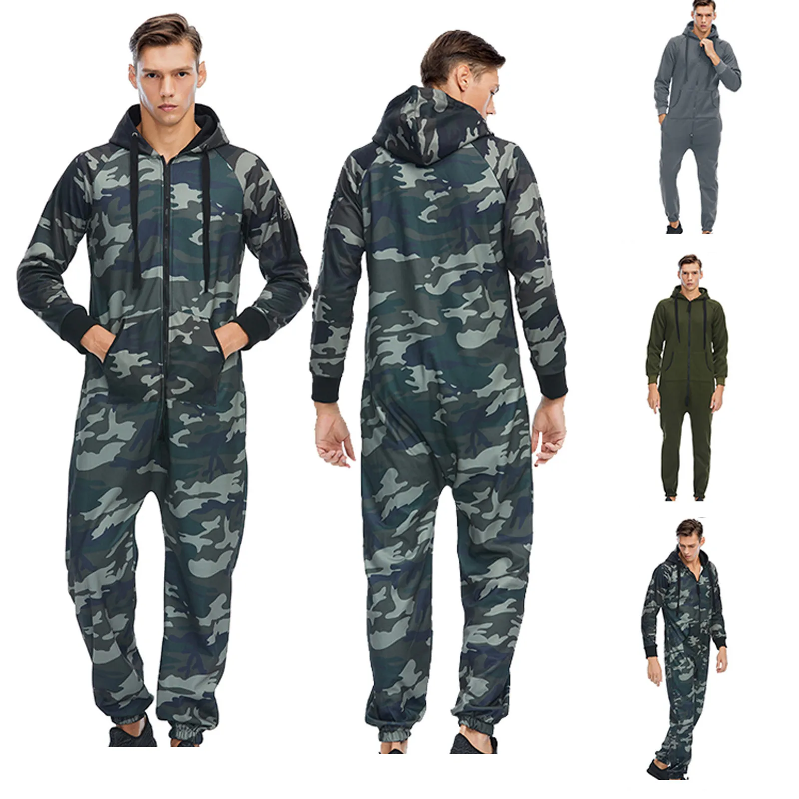 

Men's Tracksuit Casual Hooded Camouflage Zipper One-piece Loose Pocket Inelastic Suit Roupas Masculinas Survêtement Homme