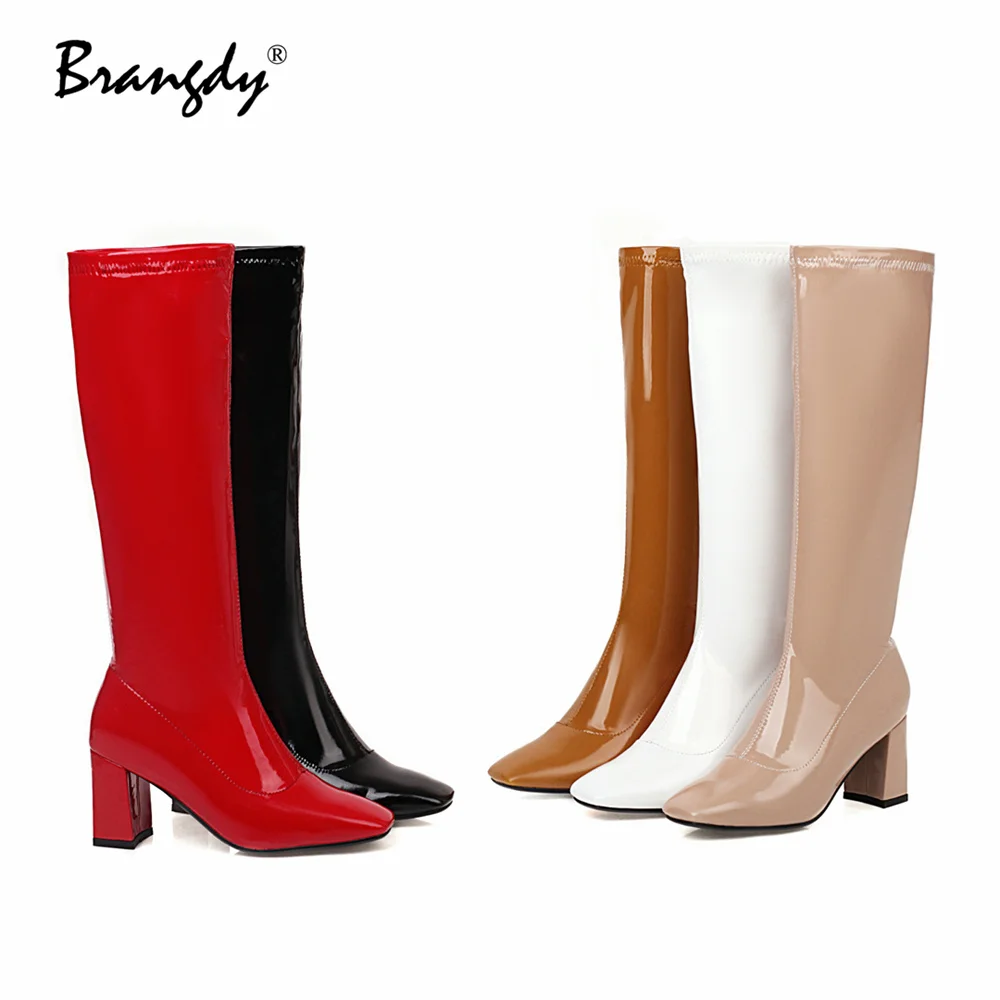 Brangdy 2022 Women Knee Hight Boots PU Leather Fashion Women Shoes Square Toe Zipper Women Winter Knight Boots 6 cm Square Heels