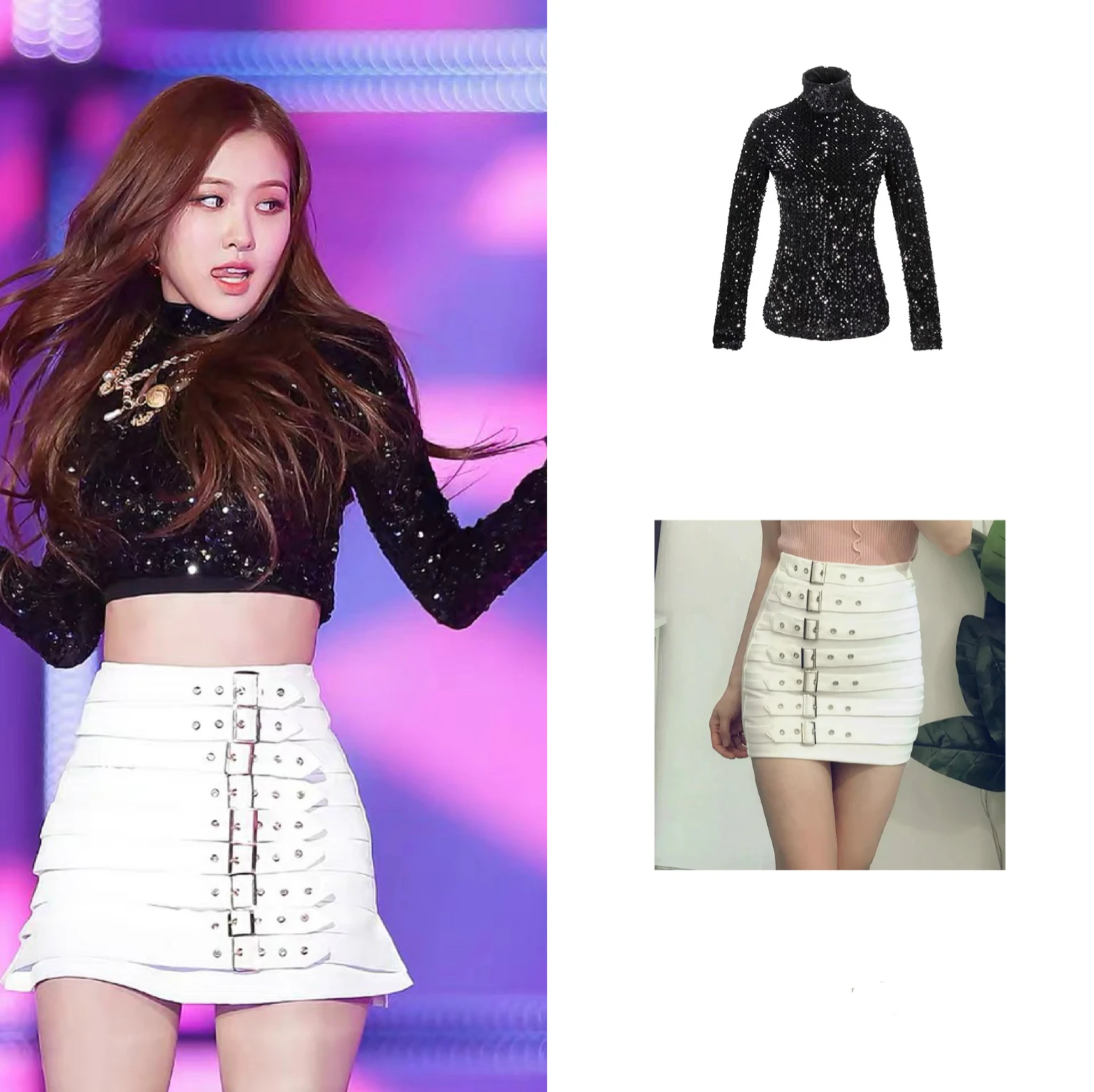 

kpop Seo Yea Ji dance show same Sequins long sleeved turtleneck hoodies tops + black slim sexy Skirts women Two-piece set