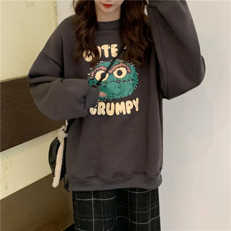 

Осенние толстовки большого размера, новый корейский мультяшный принт плюс бархатный топ