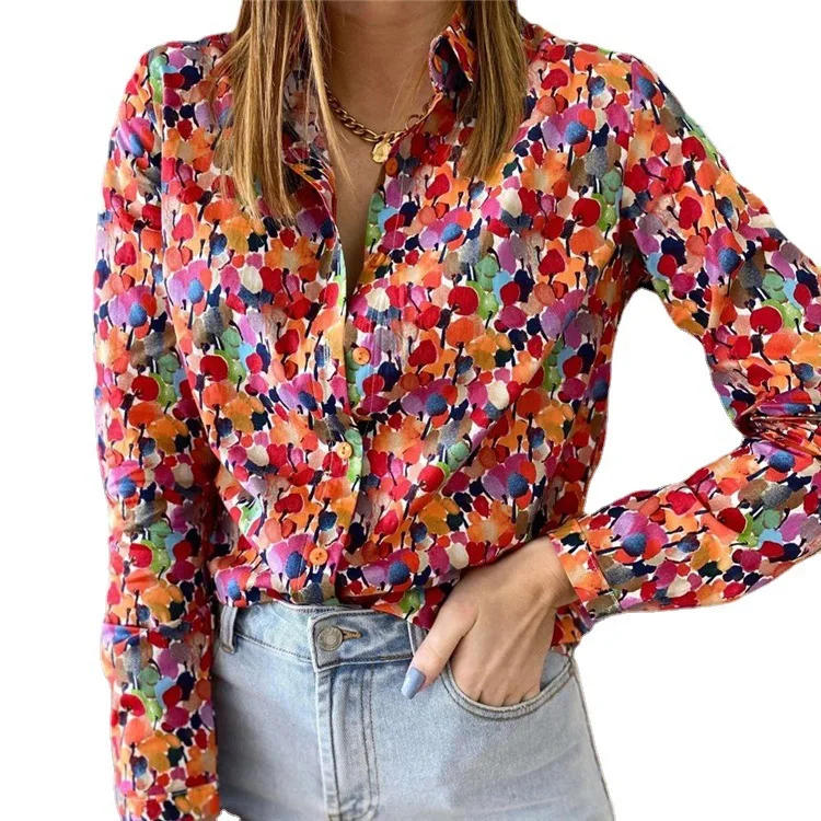 Printemps/été 2021 Nouvelle Mode Chemise femme Imprimé Lumière Mûre Manche Longue Revers Simple Boutonnage Lâche Blouses Décontractées