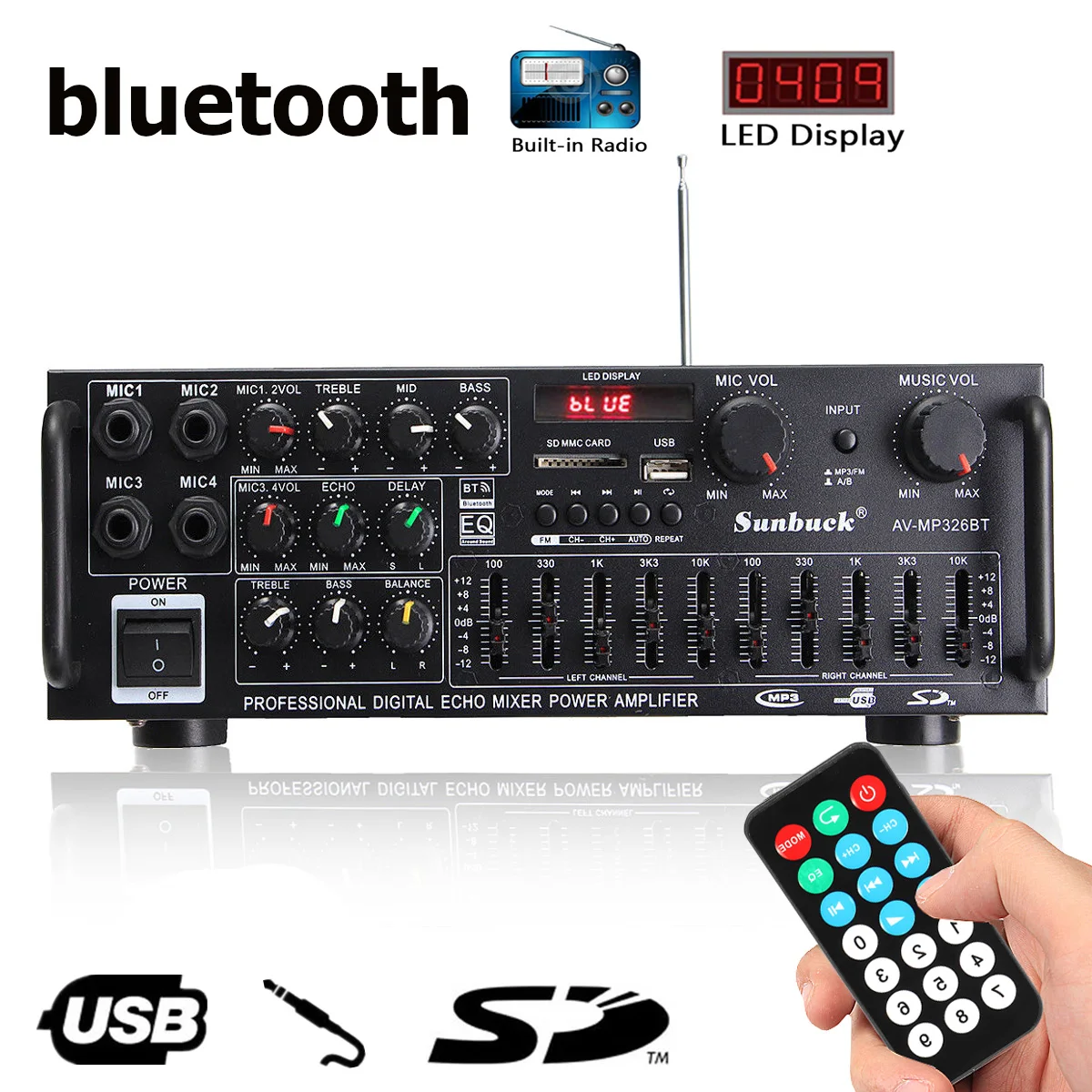 Amplificador de Potência Amplificadores de Cinema em Casa Sunbuck Bluetooth 220v Áudio Suporte fm Usb Cartão sd 4 Micro 5.0 2000w 110v