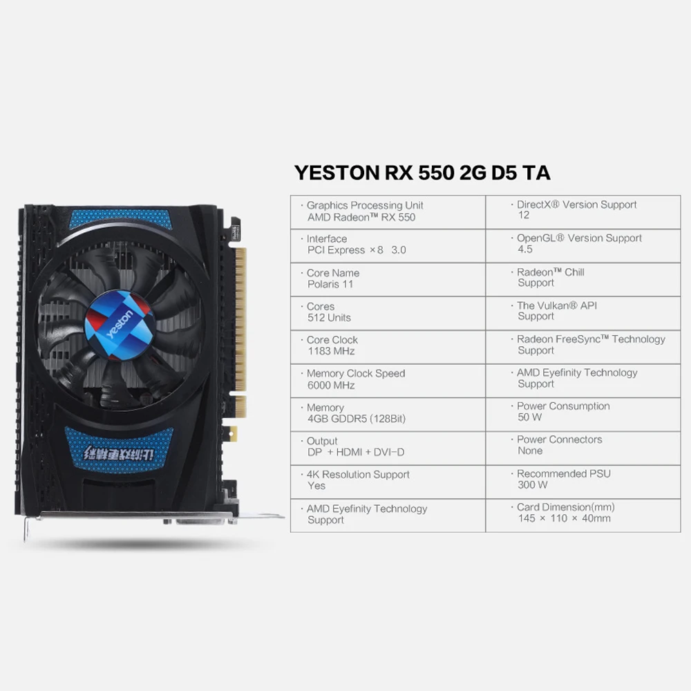 Yeston Radeon RX 550 GPU 2 ГБ GDDR5 128 бит игровой настольный компьютер ПК видеокарты Поддержка DVI-D/HDMI PCI-E 3,0