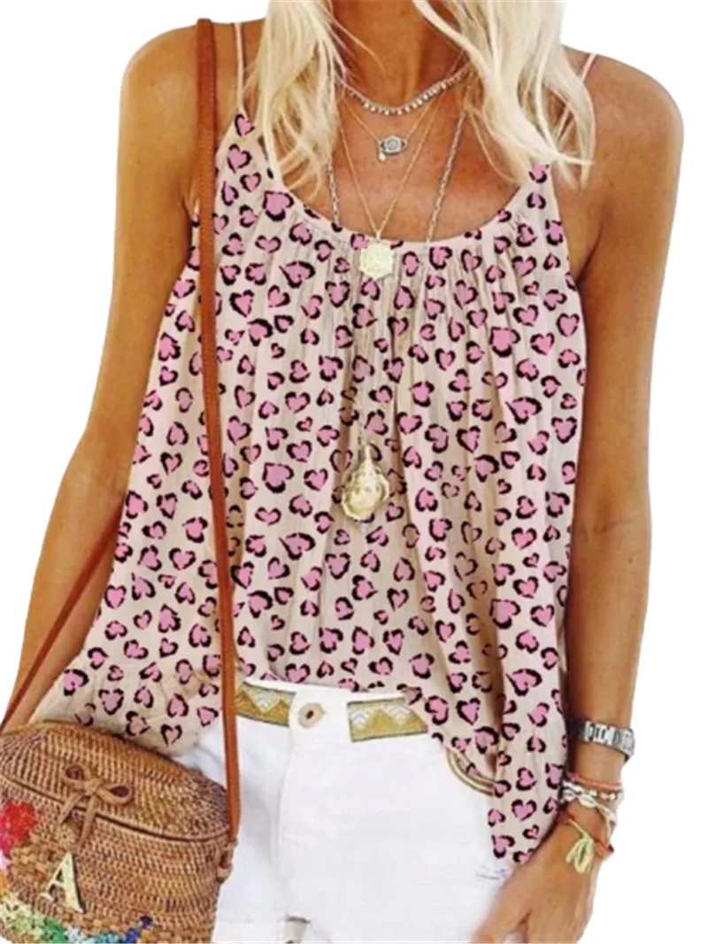 

Sleeveless Boho Loose Beach T shirt Female 2021 New Summer Leopard Print Tops Casual Women T shirts Sexy Strap Tank Tee Shirts