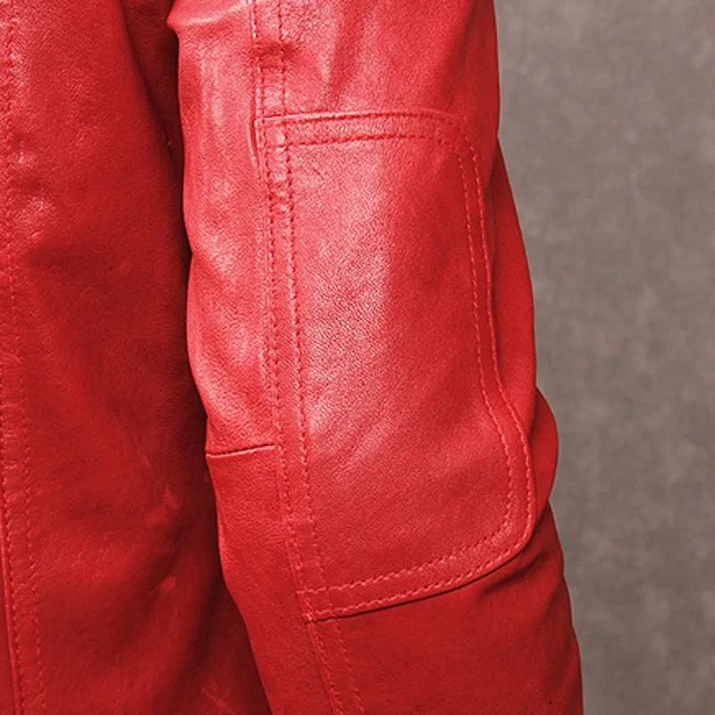 

New Men Autumn Goatskin Genuine Leather Jacket Korean Brand Slim Fit Causal Pockets Single Breasted Red Leather Coat Plus Size