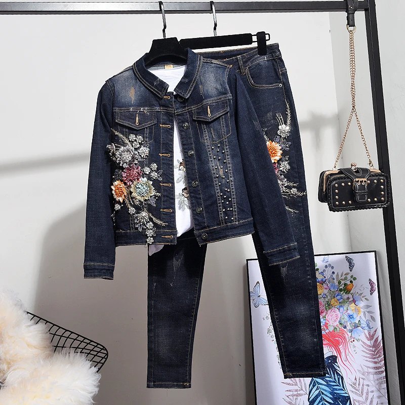 

Handwork Beading Embroidery Denim 2pc Female Short Jeans Jacket Coat Pencil Pants Set Women Slim Dark blue Elasticity Denim Suit