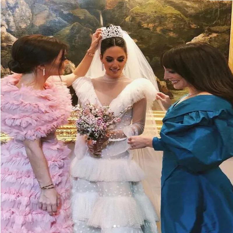 

Princess Sheer Neck A Line Wedding Dresses Illusion Long Sleeves Tiered Sweep Train Bridal Gowns Cusotm Made Vestido De Novia