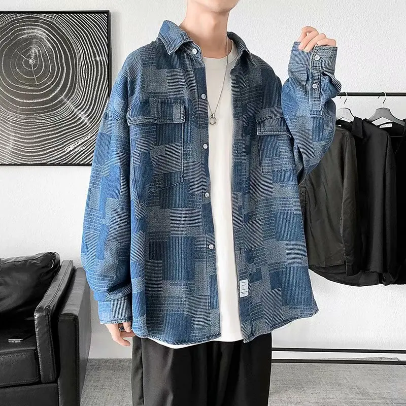 Japanese Streetwear Plaid Long-Sleeved Men's Shirt Korean Style Oversized Casual All-Match Overalls Jacket Gothic Punk Clothes