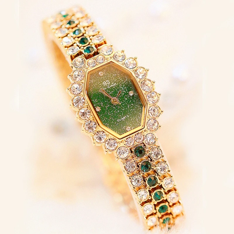 Woman Watches Quartz Ladies Watch Diamonds Bracelet Watch Green Stone Gold Waterproof Montre Femme Montre Rhinestone Wristwatch
