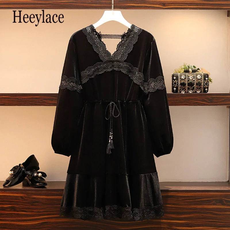 Женское кружевное платье рубашка средней длины с V образным вырезом и длинным