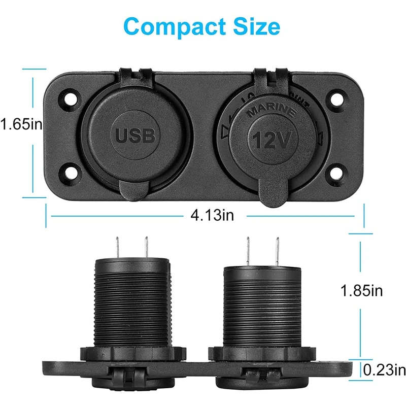 

Waterproof 12V Marine USB Outlet Socket Panel, 2 in 1 -Cigarette Lighter Socket & QC 3.0 Dual USB Ports with Switch/LED
