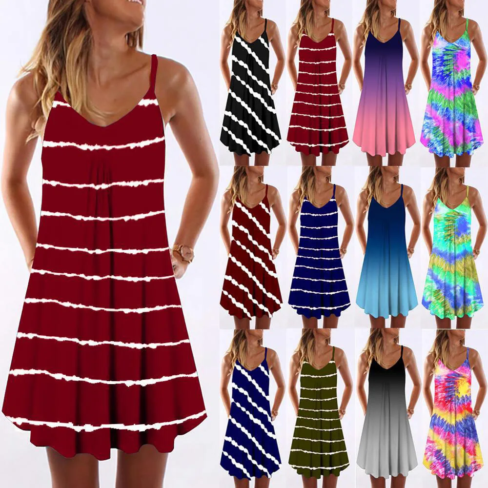 

2021 Summer Fashion Women Dress Sexy Backless V-neck Fashion Print Tie Dye Suspender Dresses Casual Loose Beach Sundress